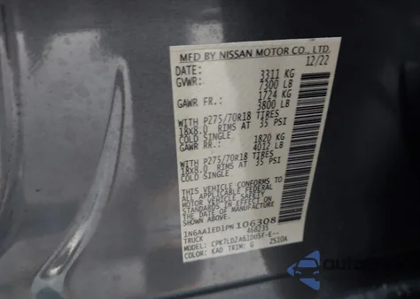 2023 Nissan Titan Sv from USA, damaged, VIN 1N6AA1ED1PN106308